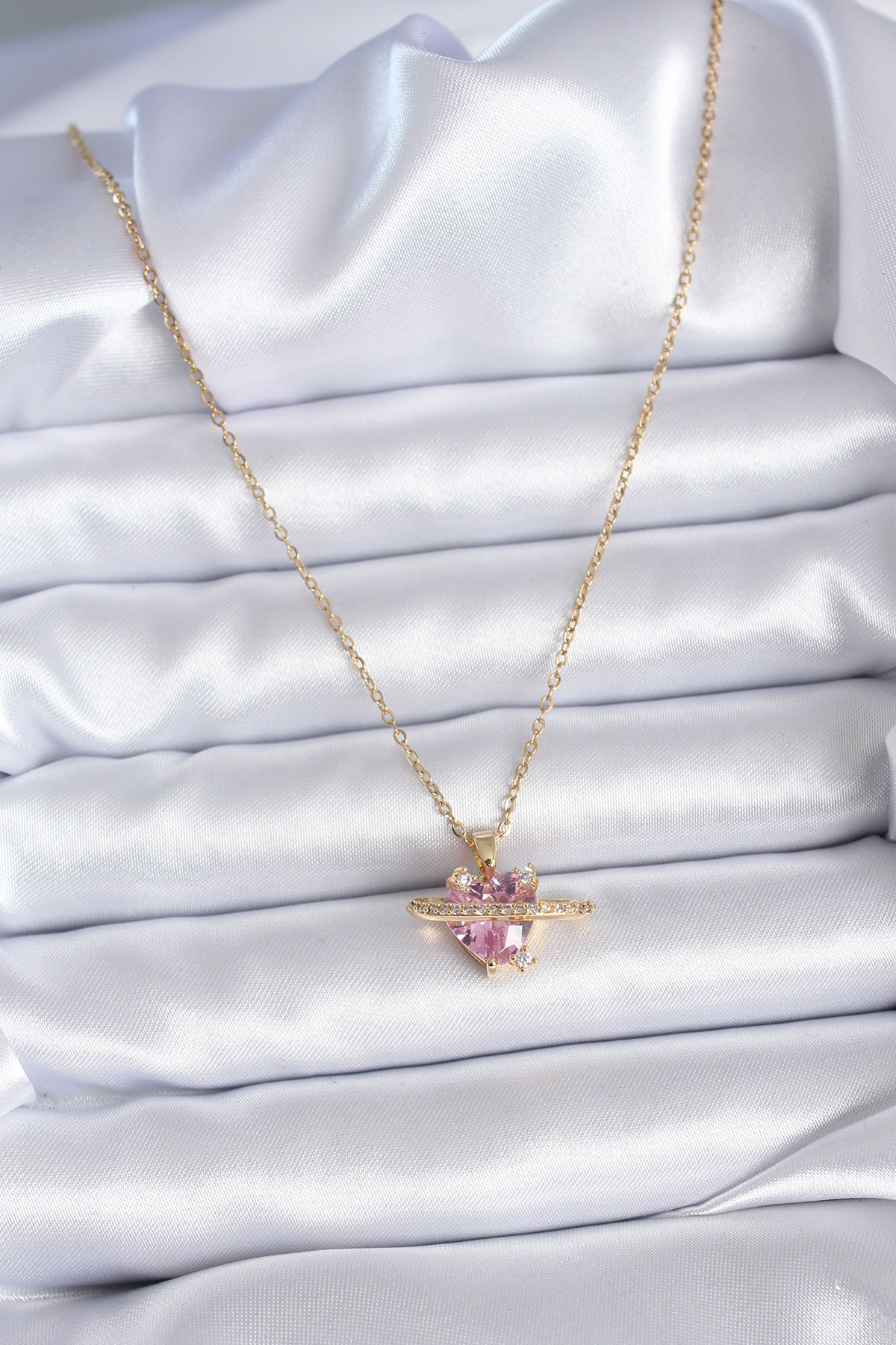 Çelik Gold Renk Zincir Pembe Kristal Kalp Model Zirkon Taş Detay Kadın Kolye 2