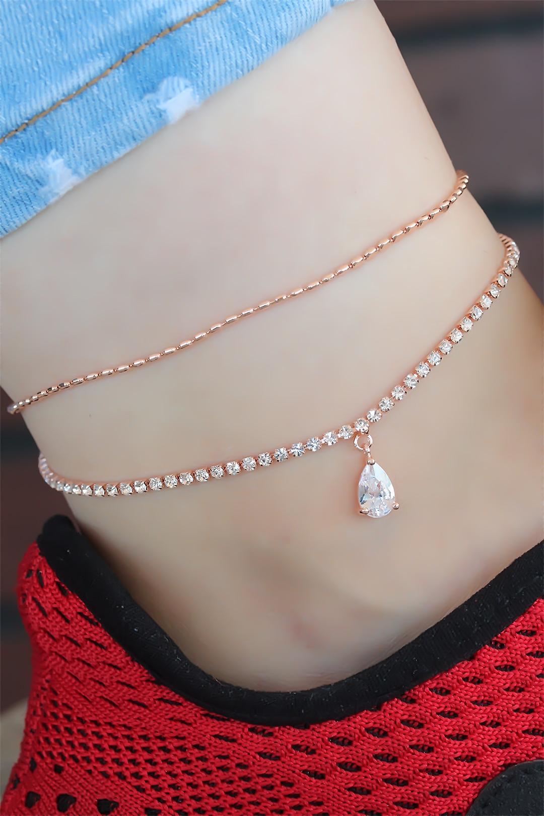 Zirkon Taşlı Rose Renk Çift Zincirli Hal Hal 2