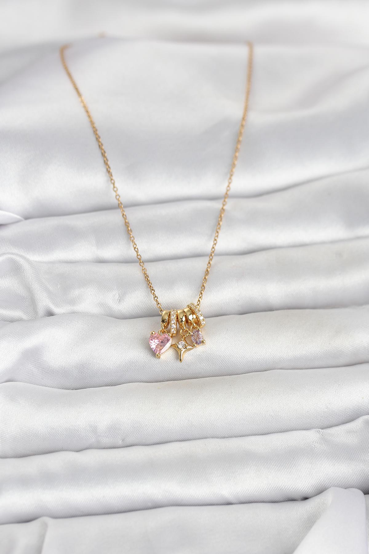 Çelik Gold Pembe Zirkon Taşlı Charmlı Kadın Kolye 2