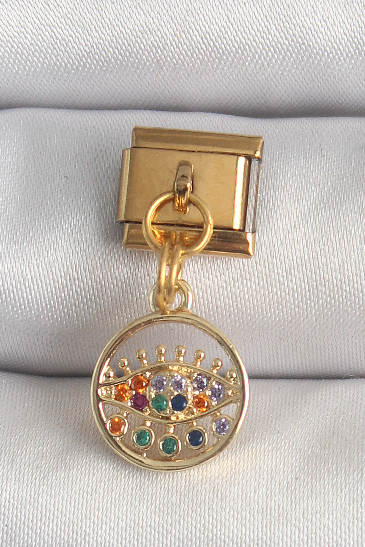 Çelik Gold Renk Sallantı Renkli Zirkon Taşlı Göz Model Nomination Charm