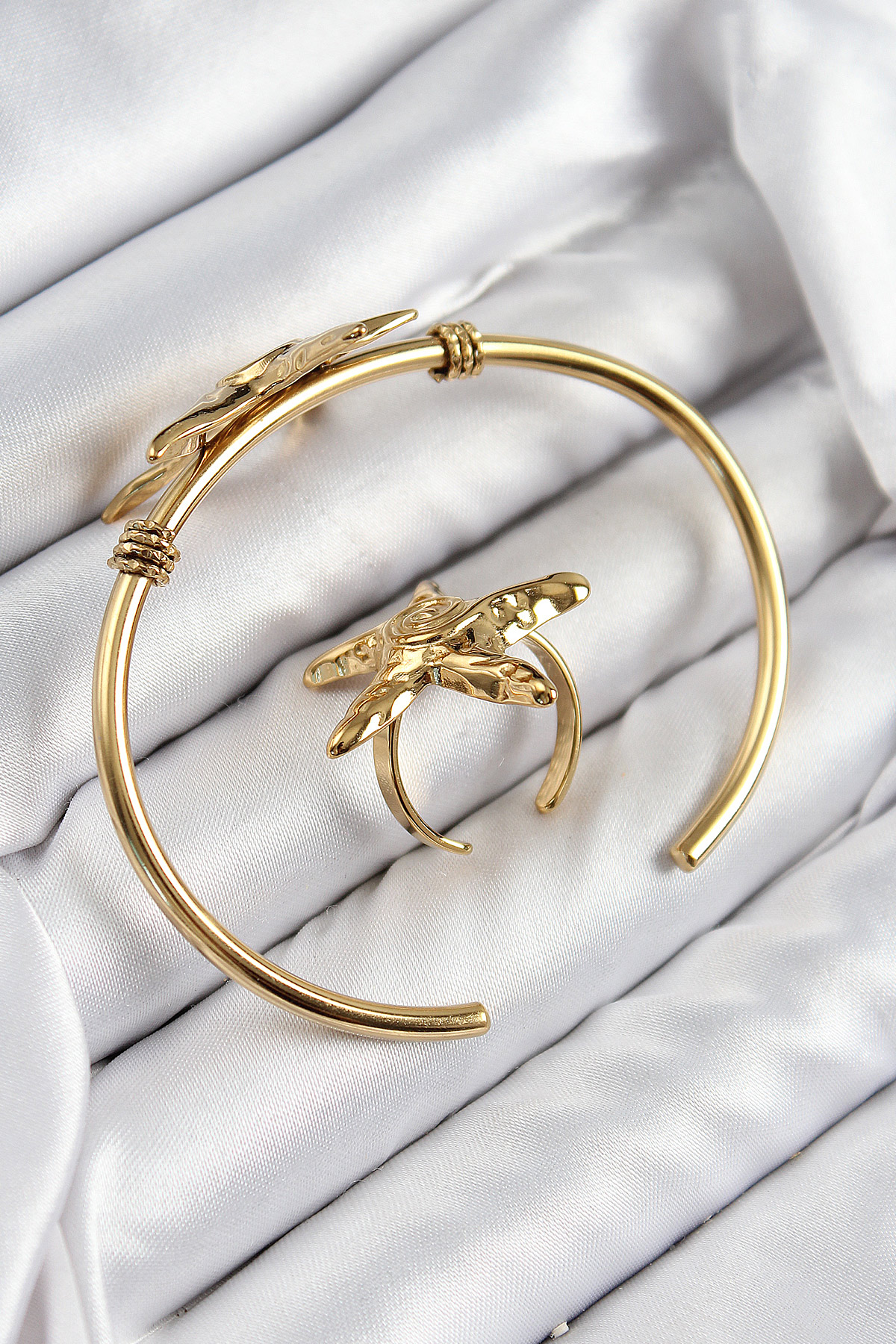 Pirinç Deniz Yıldızı Model Gold Renk Bileklik Yüzük Set 2