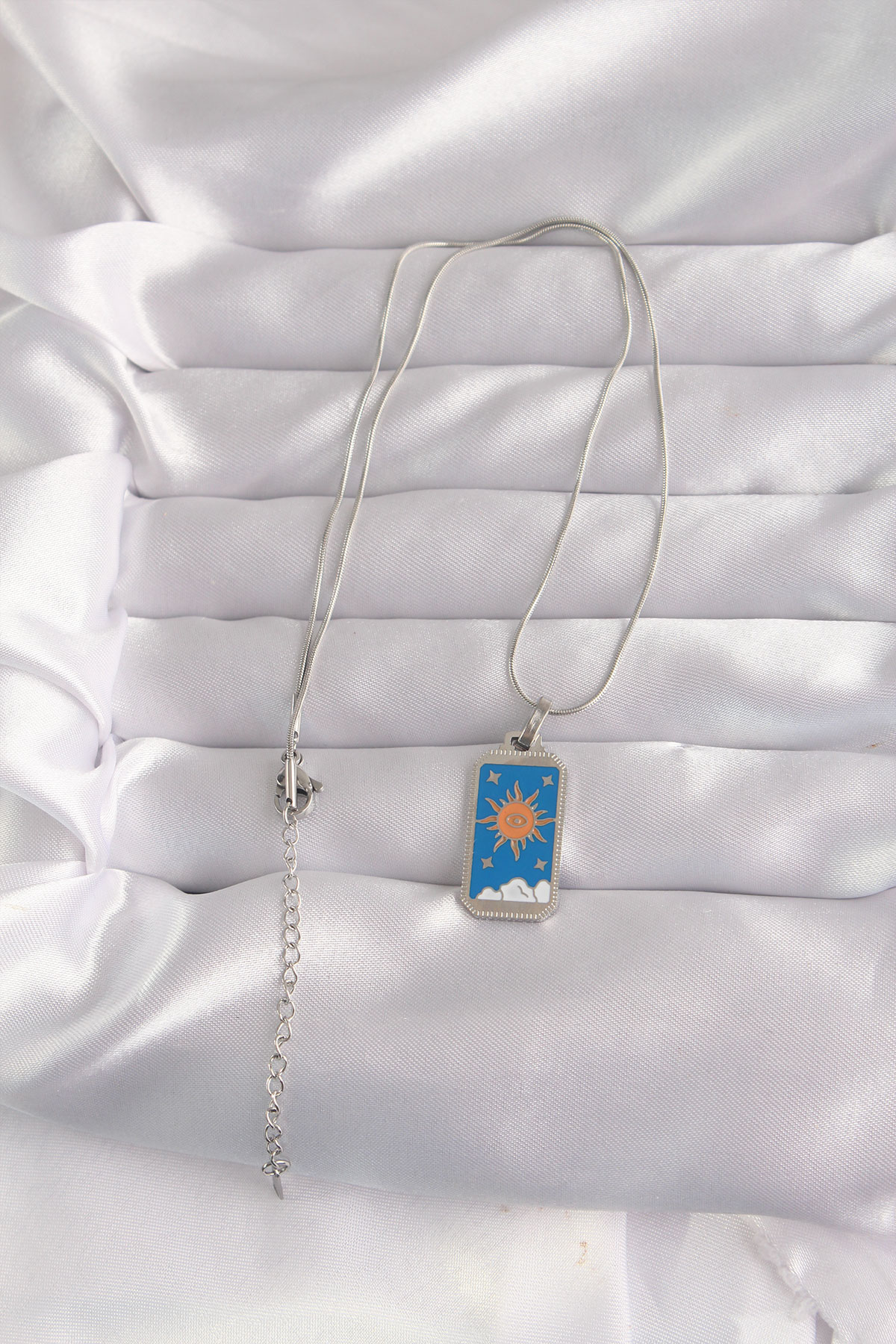 Çelik Gümüş Renk Mavi Mineli Güneş Model Tarot Kolye 1