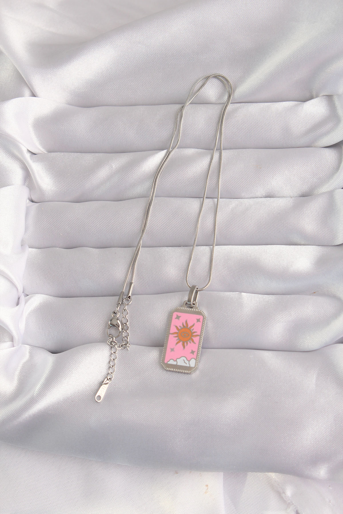 Çelik Gümüş Renk Pembe Mineli Güneş Model Tarot Kolye 2