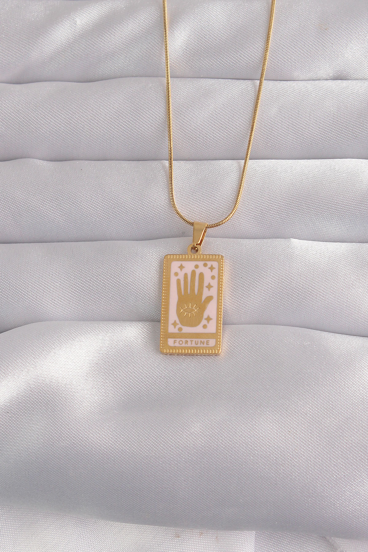 Çelik Gold Renk Pembe Mineli El Figür Tarot Kolye