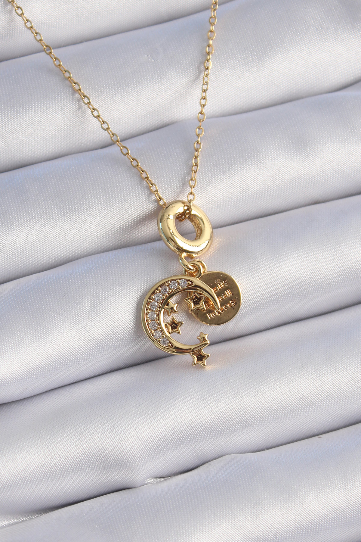 Çelik Gold Renk Zirkon Taşlı Ay Yıldız Model Charm Model Kadın Kolye