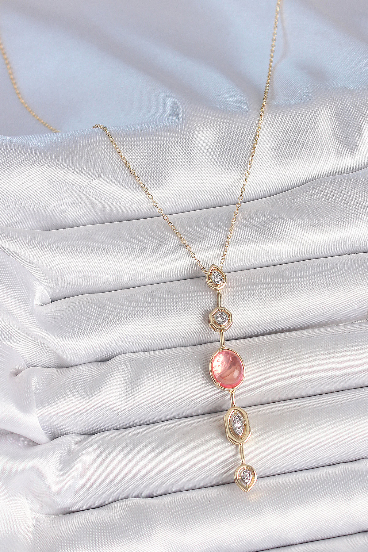 Pirinç Zincir Pembe Gold Renk Zirkon Taşlı Y Kolye 2