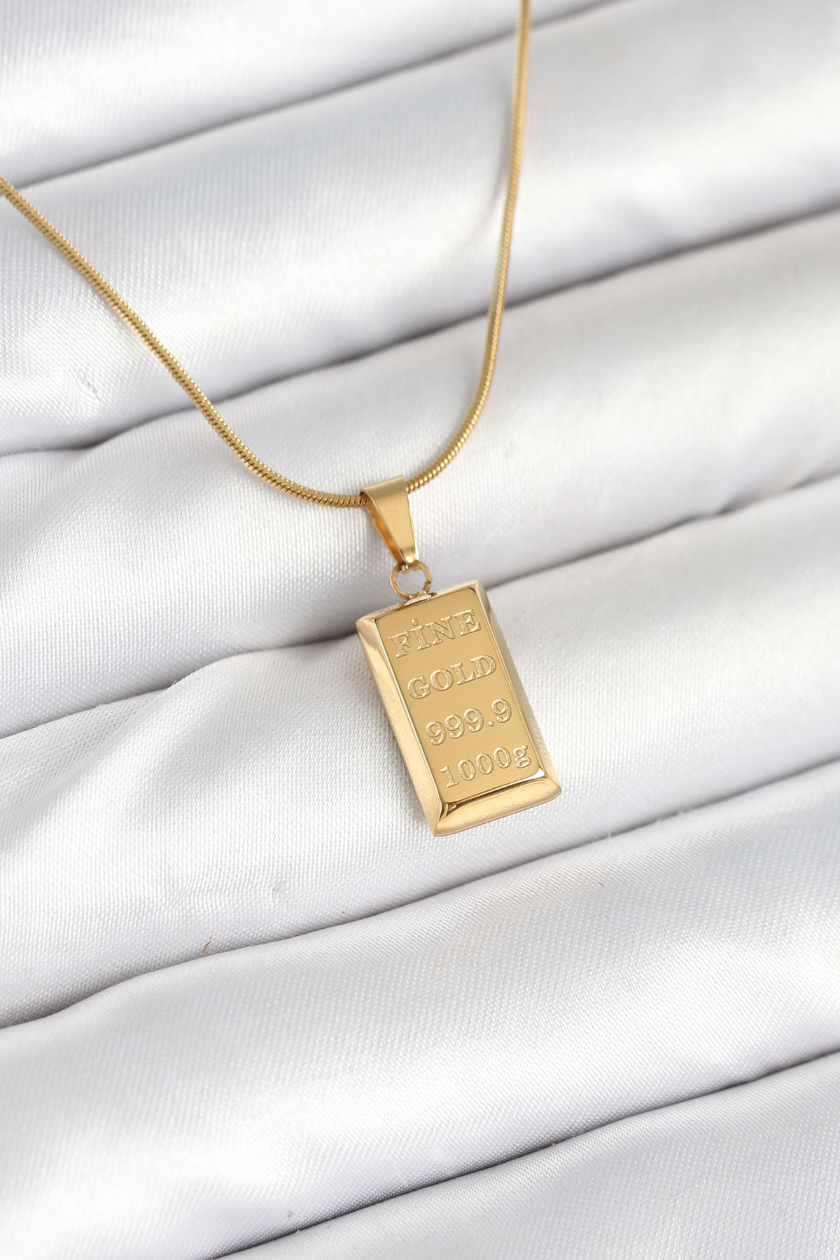 Çelik Gold Renk Külçe Altın Model Kolye
