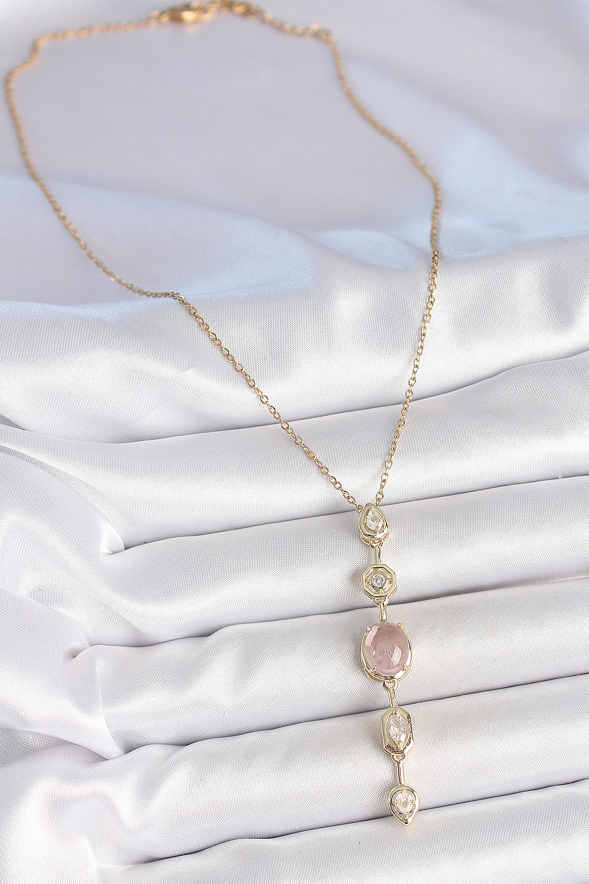 Çelik Zincir Gold Renk Pembe Zirkon Taşlı Y Kolye 2
