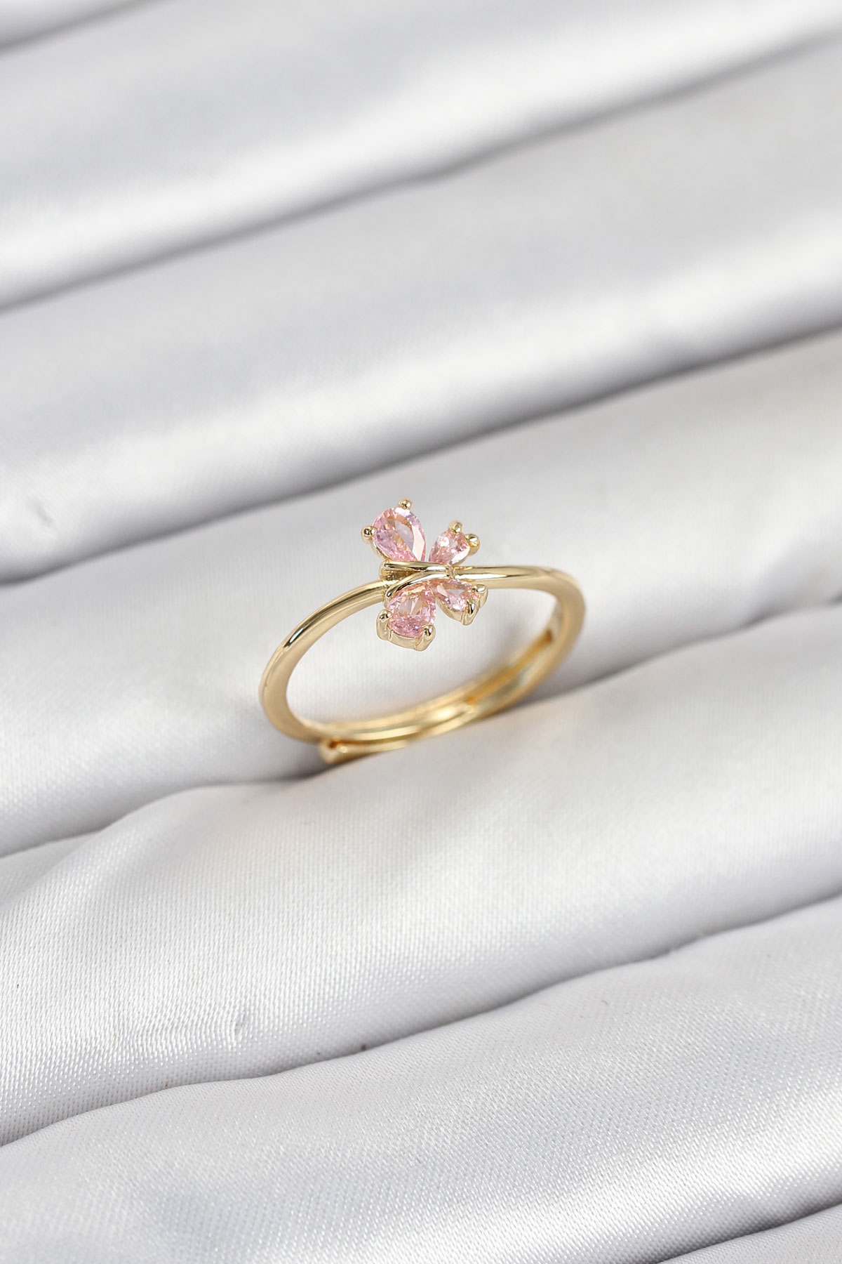 Pirinç Gold Renk Pembe Kelebek Kadın Yüzük