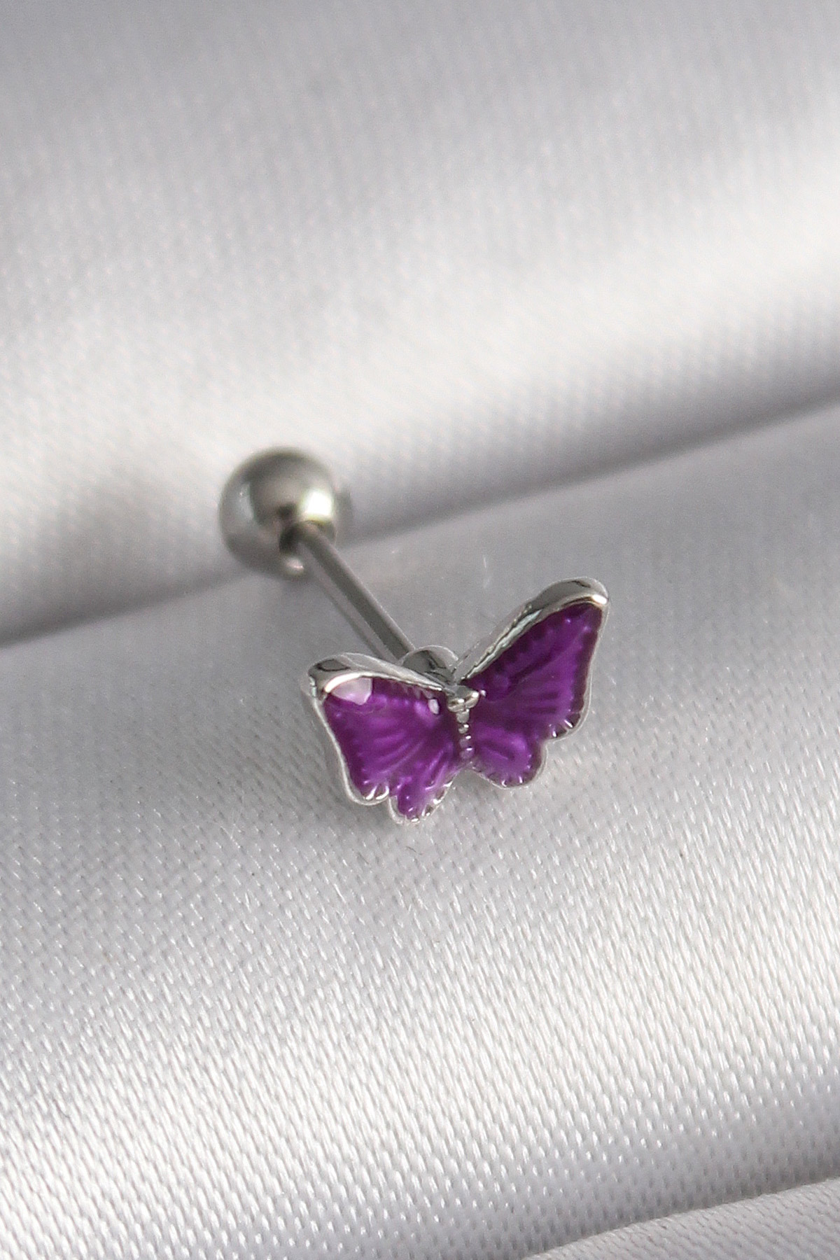 Çelik Gümüş Renk Mor Kelebek Model Tragus Piercing