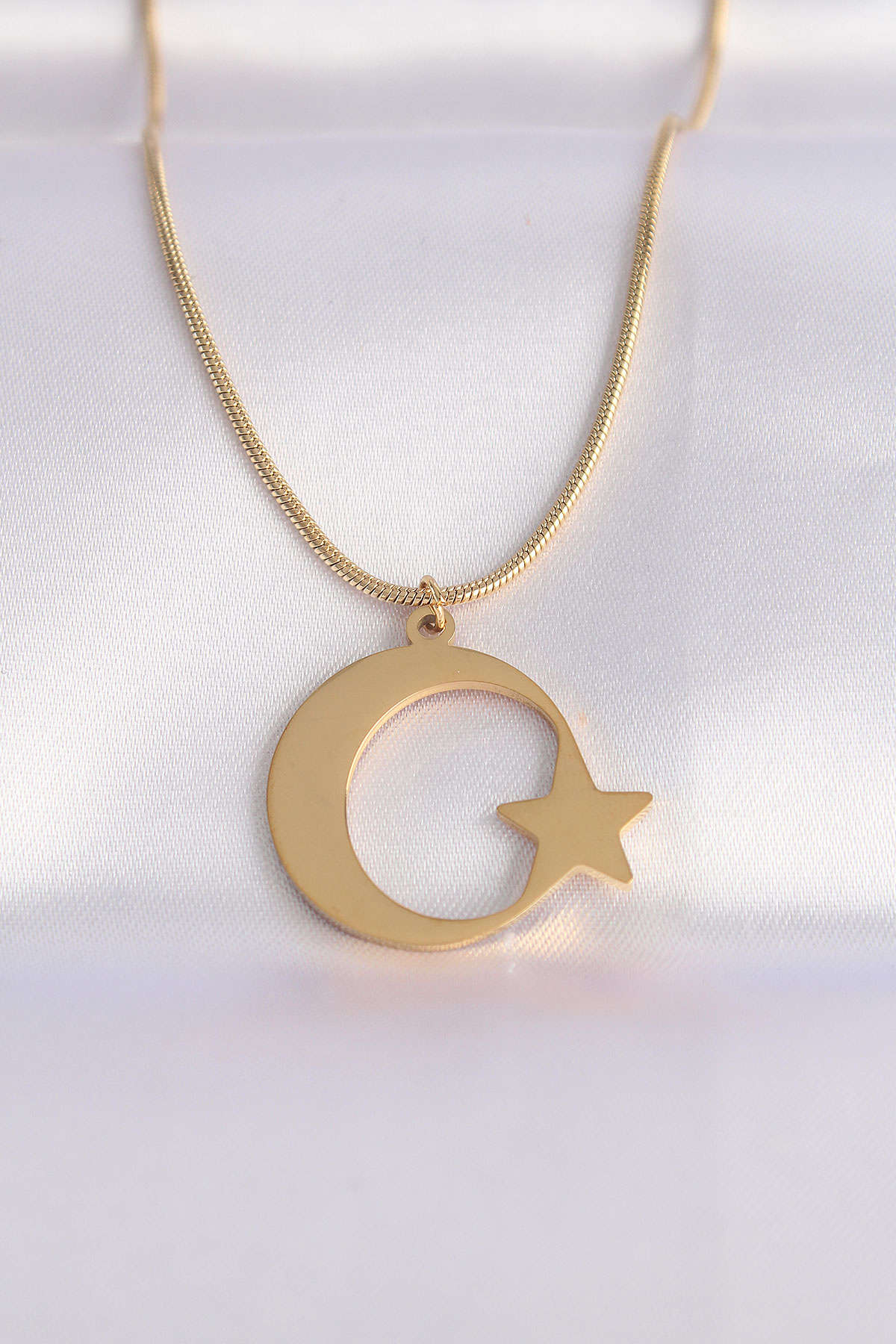 Çelik Zincir Gold Renk Ay Yıldız Unisex Kolye