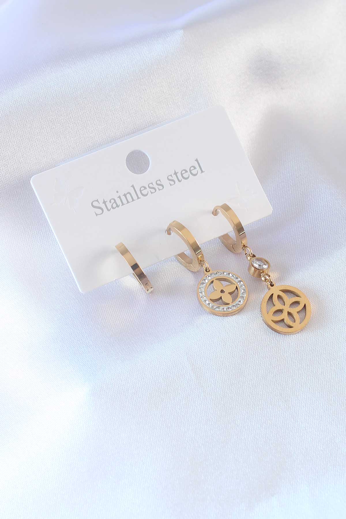 Çelik Gold Renk Çiçek Model Zirkon Taşlı Kadın Küpe