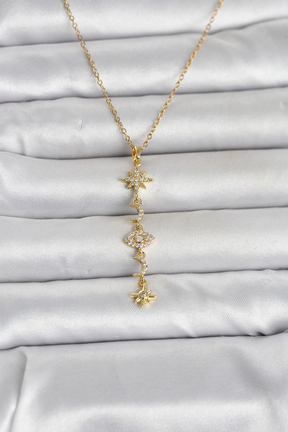 Çelik Gold Renk Kutup Yıldızı Y Model Zirkon Taşlı Kadın Kolye