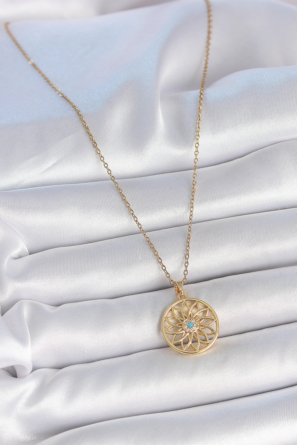 Çelik Gold Renk Zincr Mavi Taşlı Lotus Model Kadın Kolye 1
