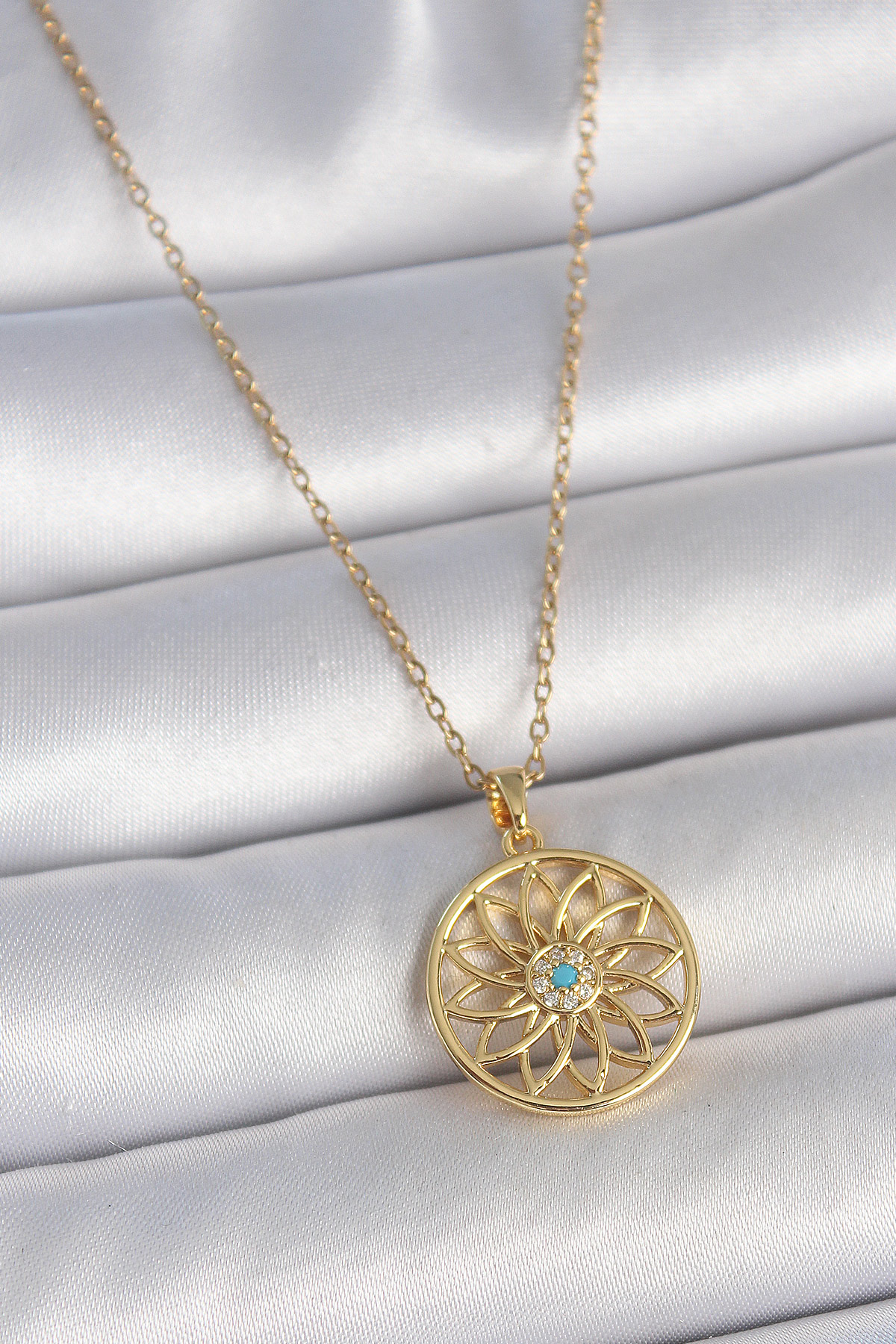 Çelik Gold Renk Zincr Mavi Taşlı Lotus Model Kadın Kolye
