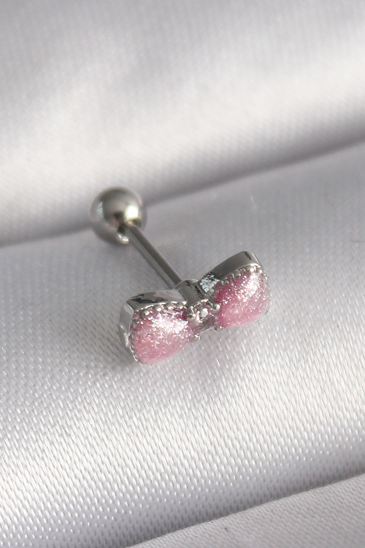 Çelik Gümüş Renk Pembe Kurdele Zirkon Taş Detay Tragus Piercing