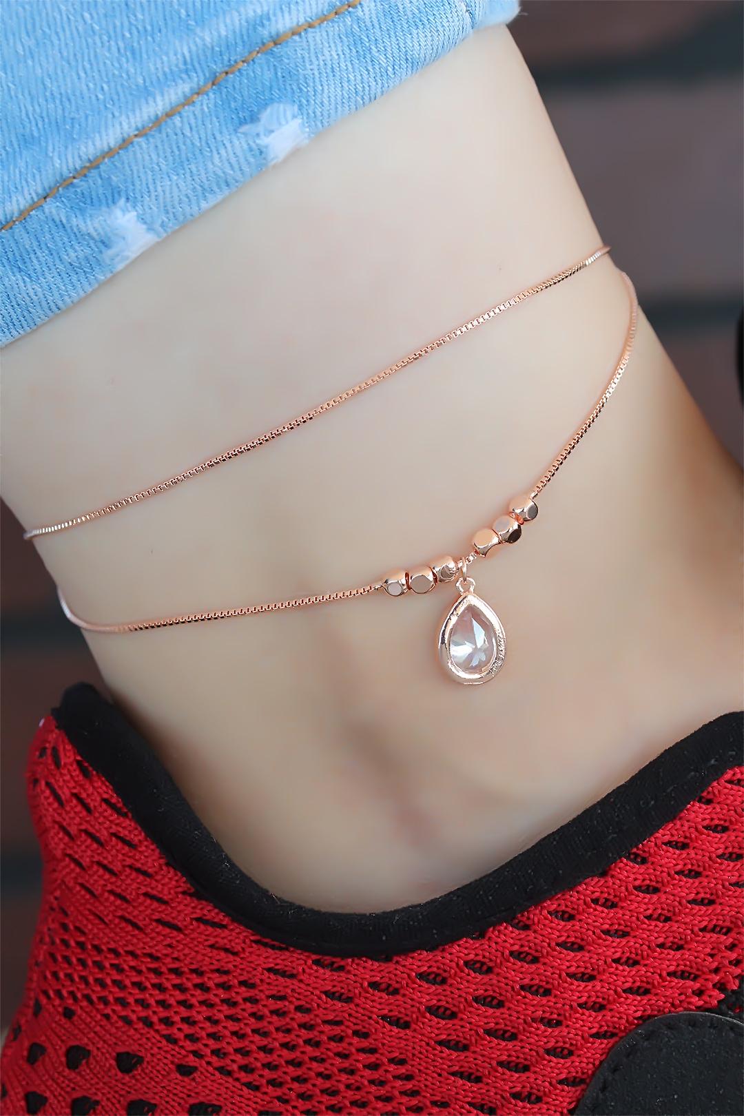 Kristal Taşlı Rose Renk Çift Zincirli Hal Hal 2