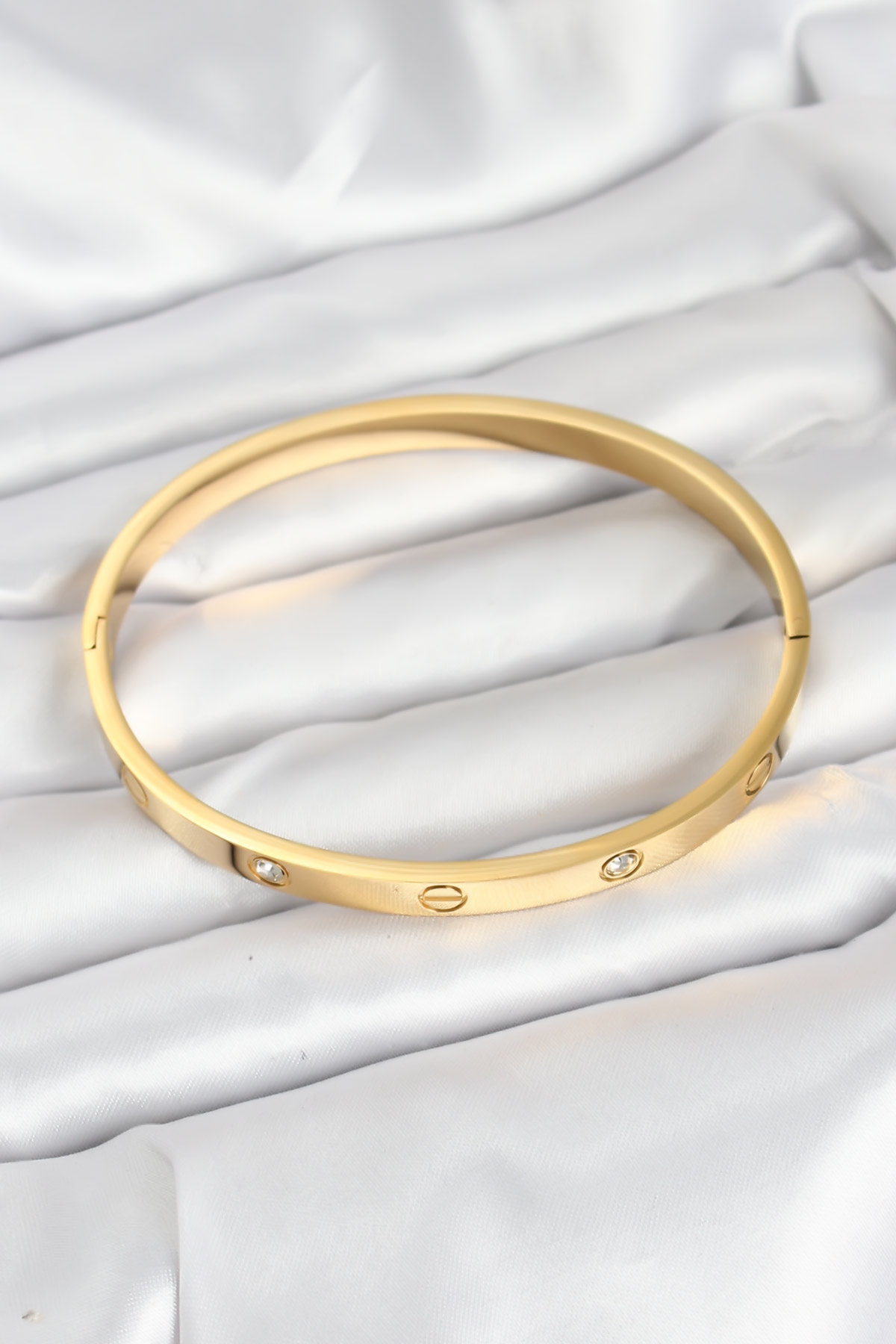 Çelik Gold Renk Zirkon Taşlı 65 mm Kadın Kelepçe Bileklik 2