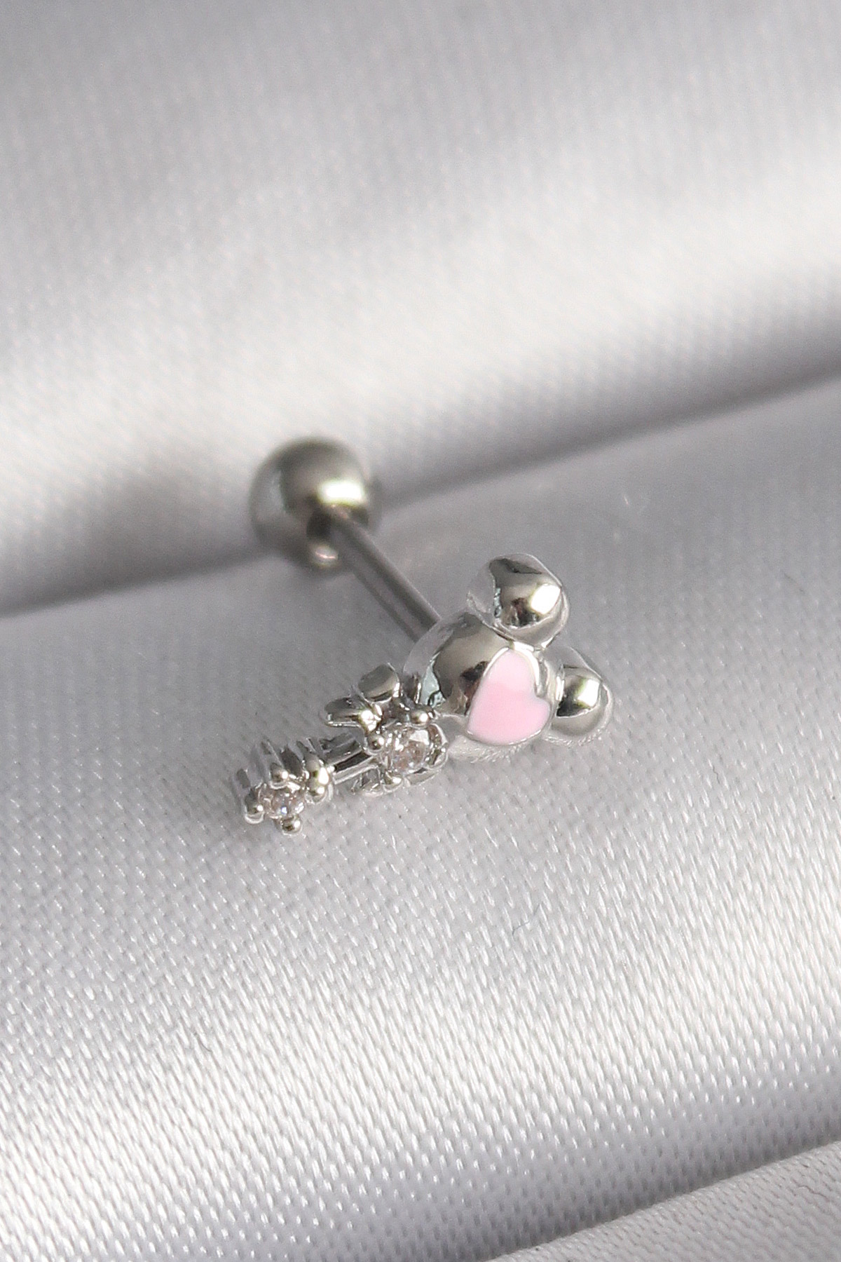 Çelik Gümüş Renk Zirkon Taş Detay Pembe Kalp İşleme Tragus Piercing