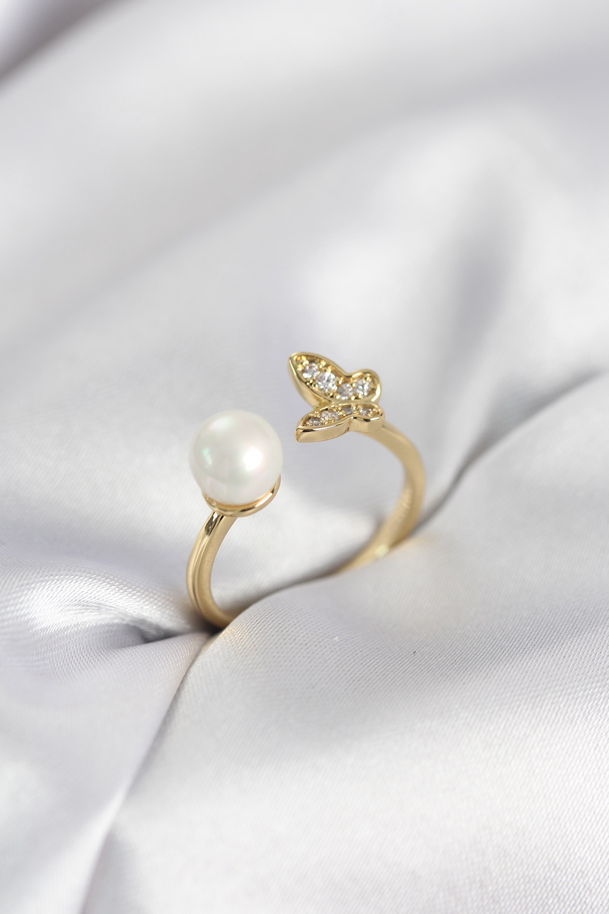 Kelebek İncili Model Gold Renk Zirkon Taşlı Kadın Yüzük 2