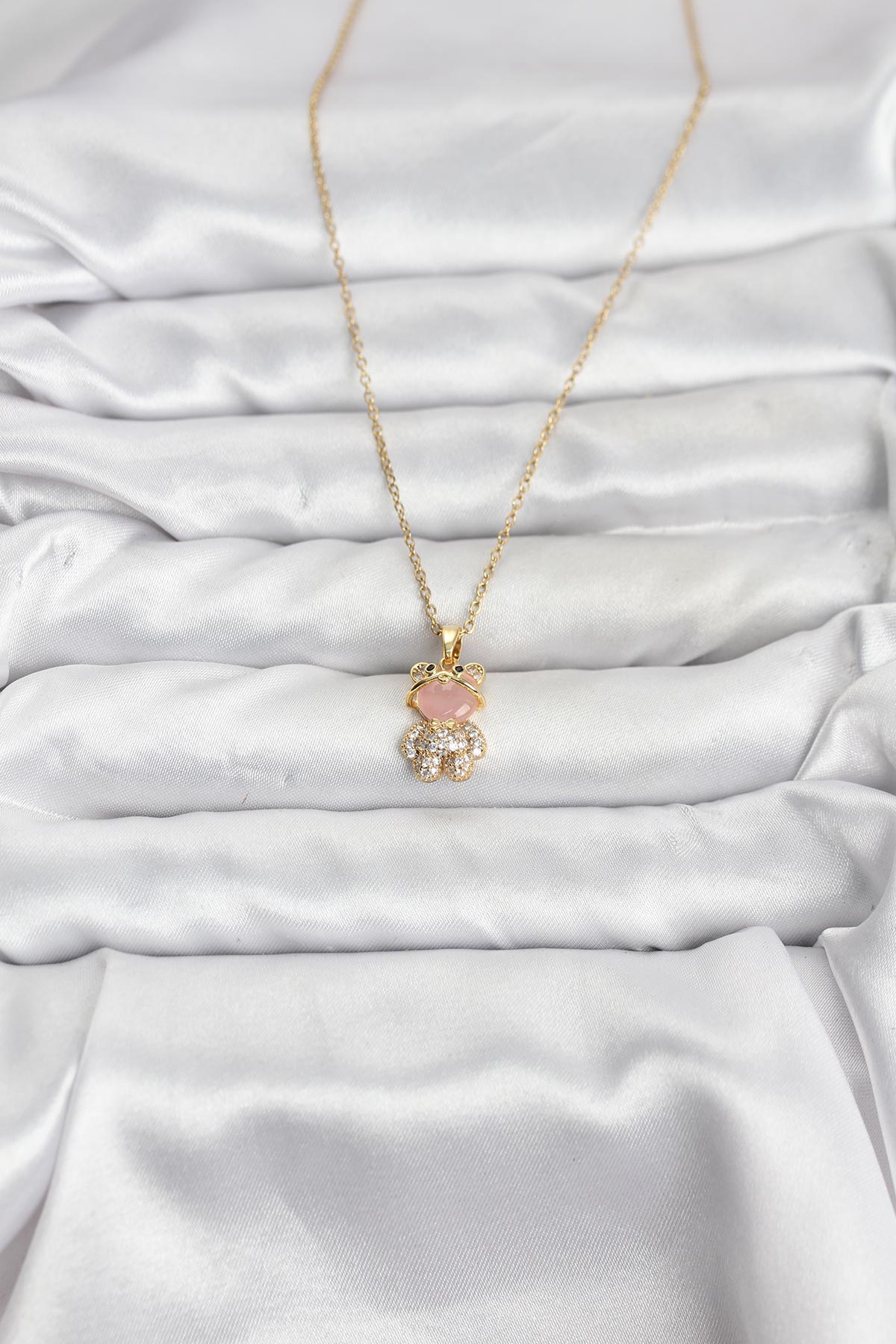 Çelik Zincir Gold Renk Teddy Bear Model Zirkon Taşlı Kadın Kolye 2