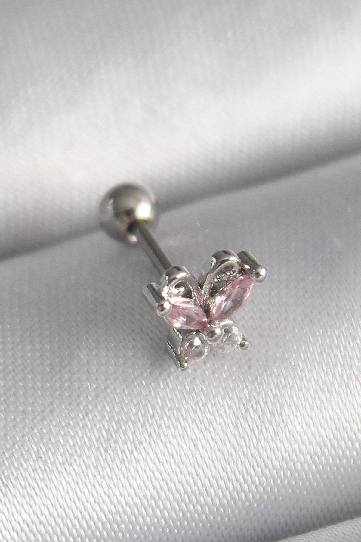 Çelik Gümüş Renk Pembe Zirkon Taşlı Kelebek Tragus Piercing