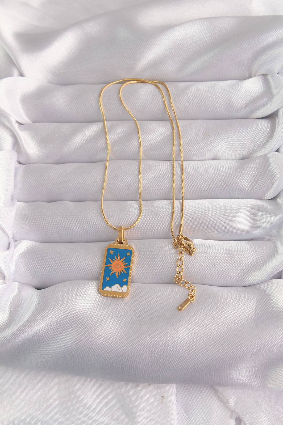 Çelik Gold Renk Mavi Mineli Güneş Model Tarot Kolye 2