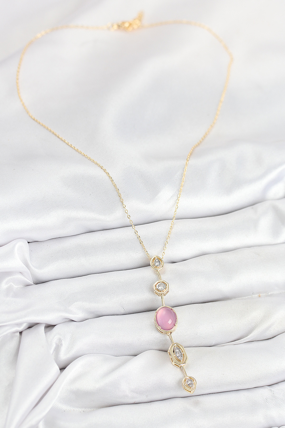 Pirinç Zincir Pembe Gold Renk Zirkon Taşlı Y Kolye 2