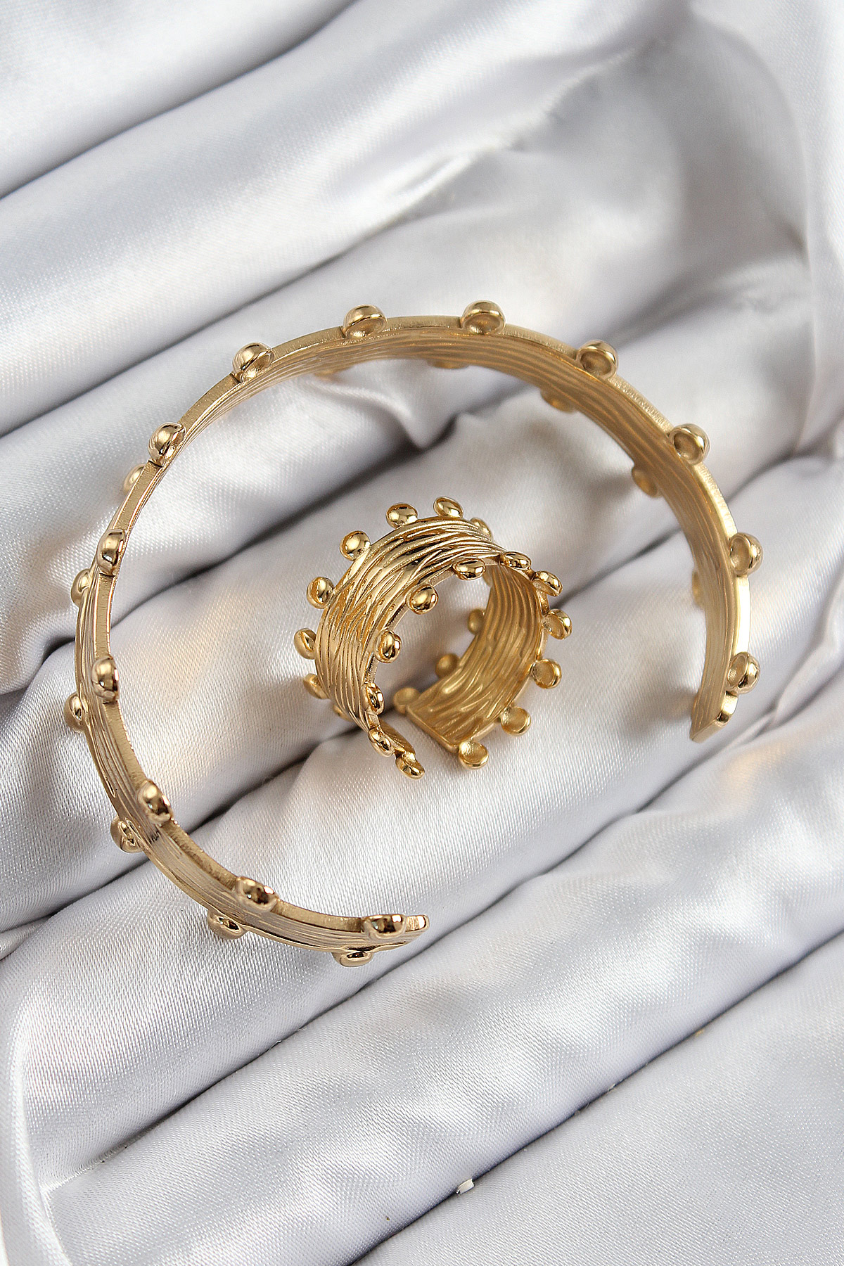 Pirinç Topcuk Model Gold Renk Bileklik Yüzük Set 2