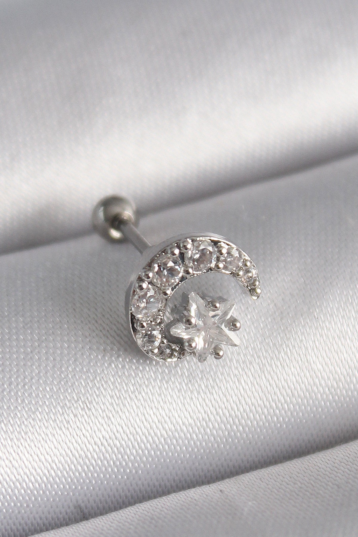 Çelik Gümüş Renk Zirkon Taşlı Ay Yıldız Tragus Piercing
