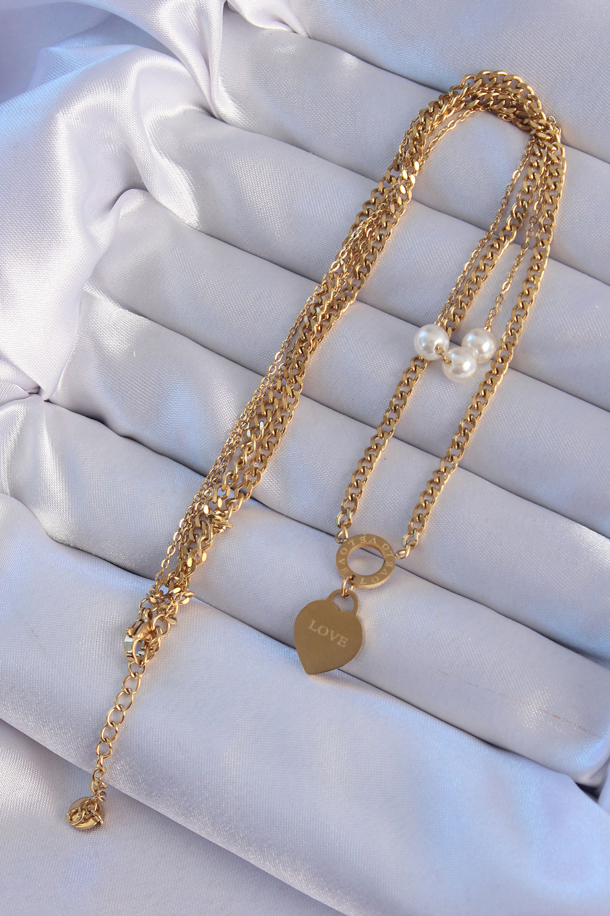 Çelik Gold Renk Çift Zincir İnci Detayı Love Kalp Kolye 2