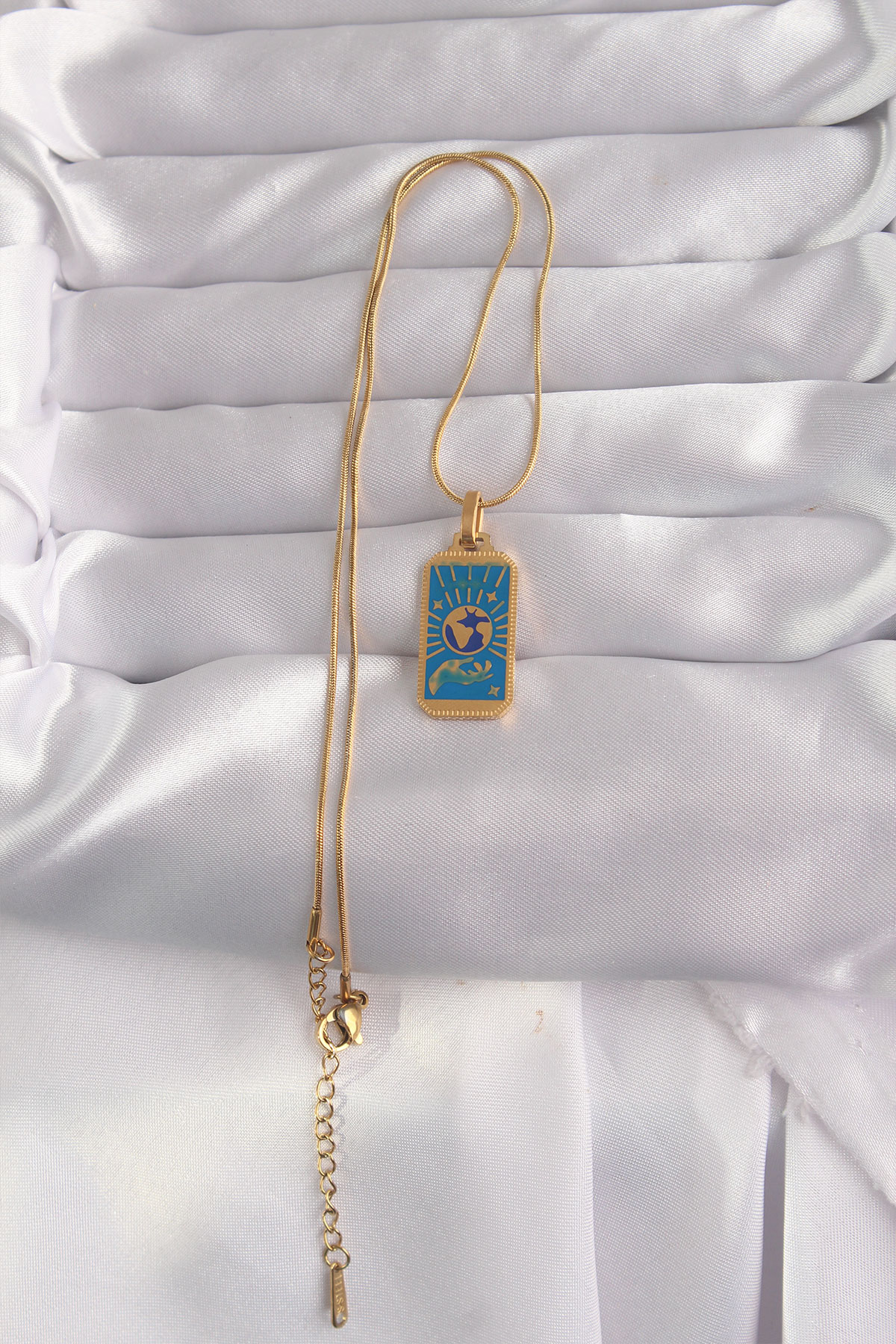 Çelik Gold Renk Mavi Mineli El Figür Tarot Kolye 2