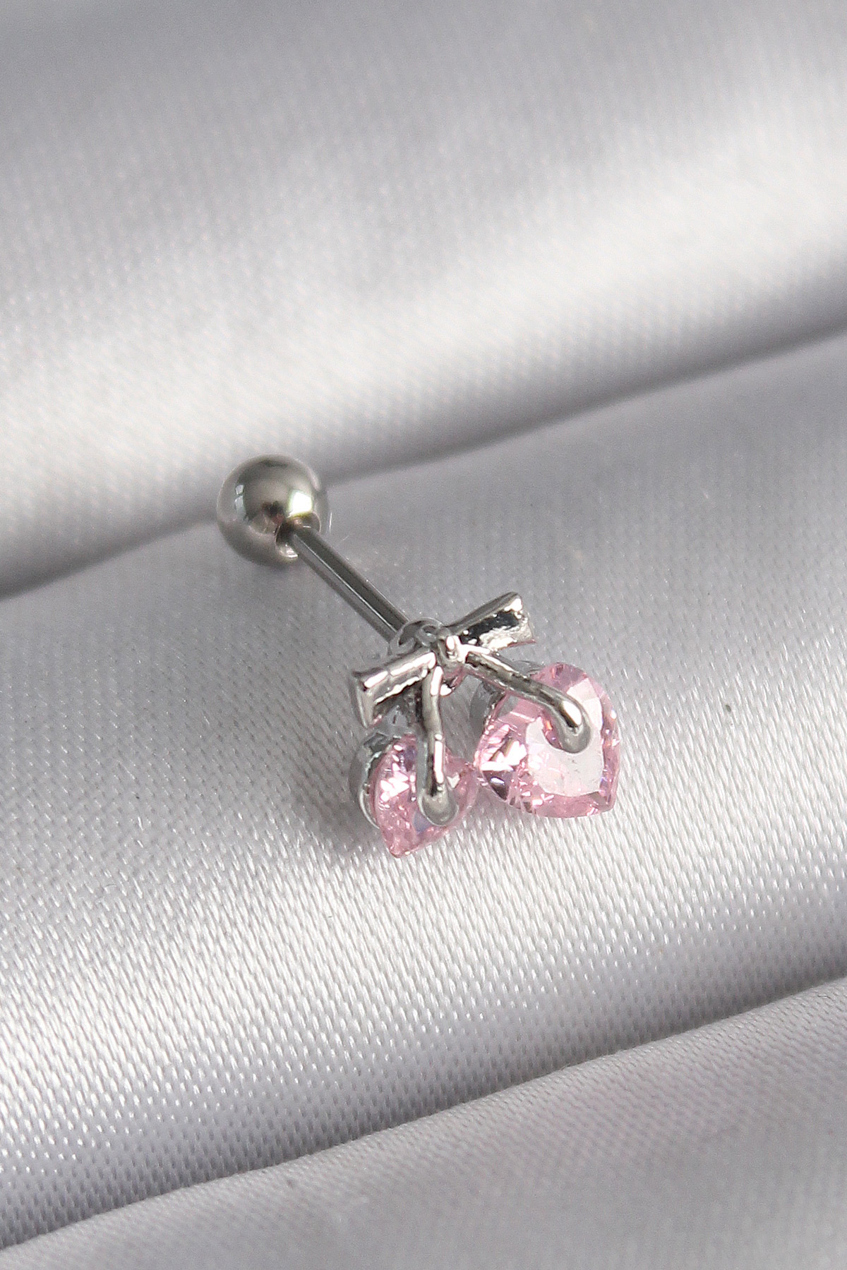 Çelik Gümüş Renk Pembe Zirkon Taşlı Kalp Tragus Piercing