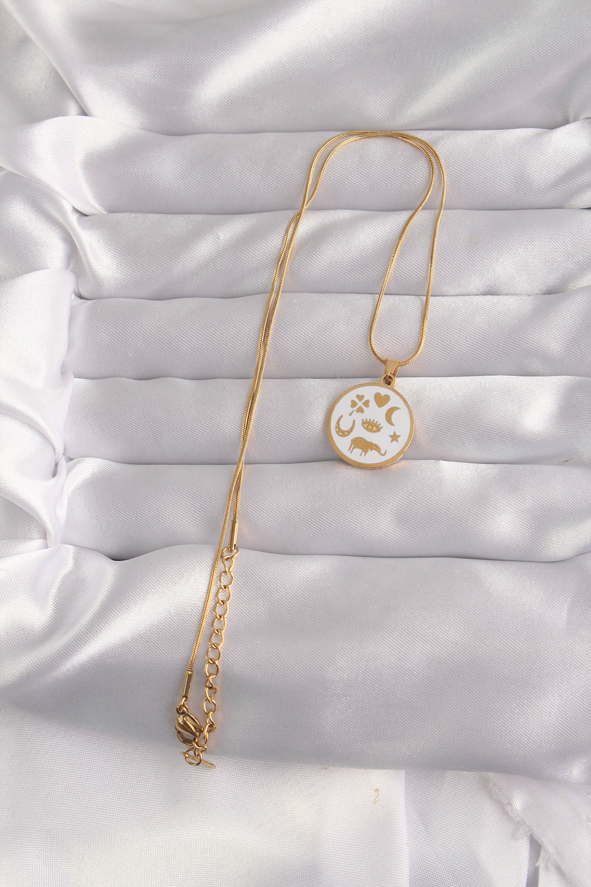 Çelik Gold Renk Beyaz Mineli Karışık Figürlü Tarot Kolye 2