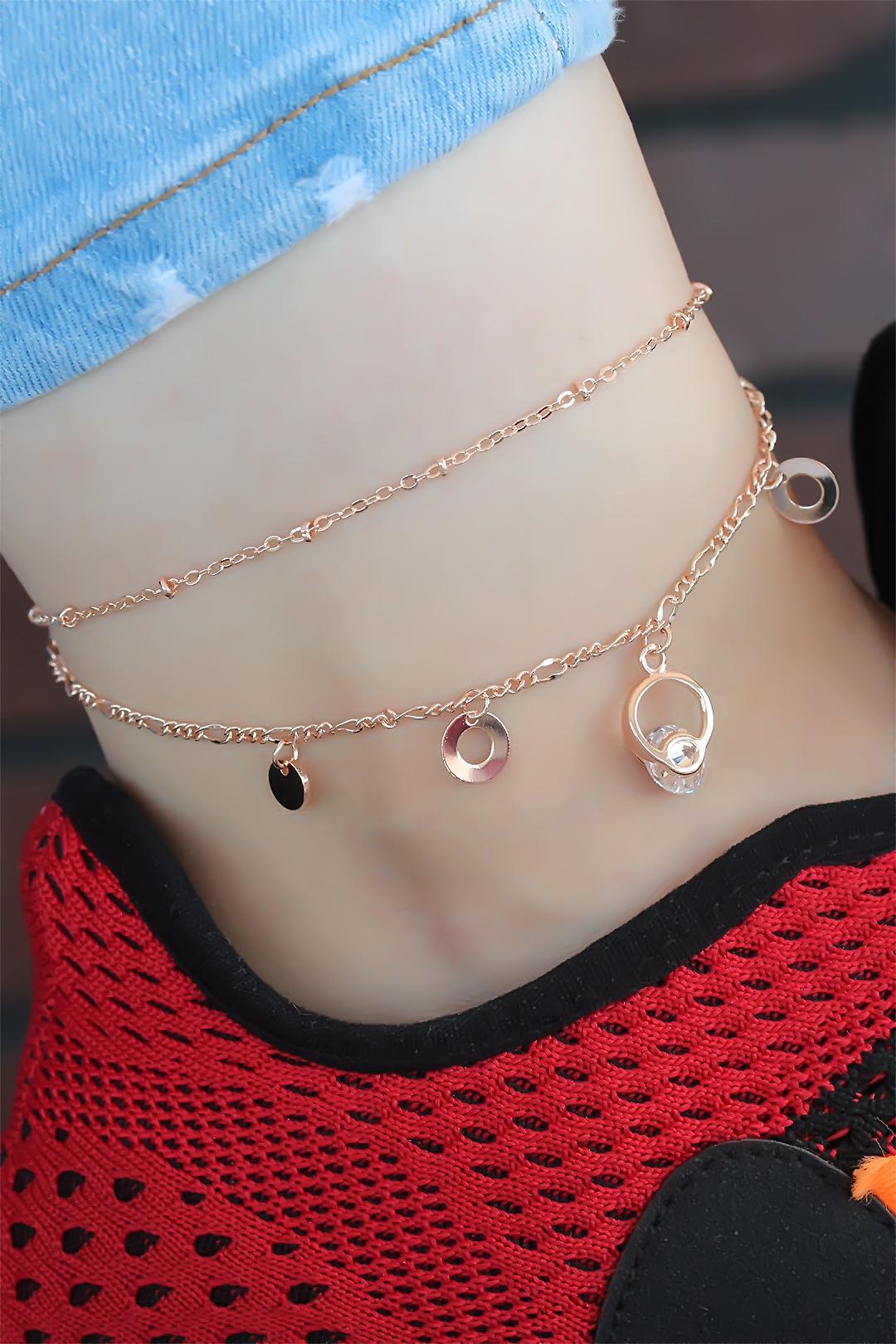 Kristal Taşlı Halkalı Rose Renk Çift Zincirli Hal Hal 2