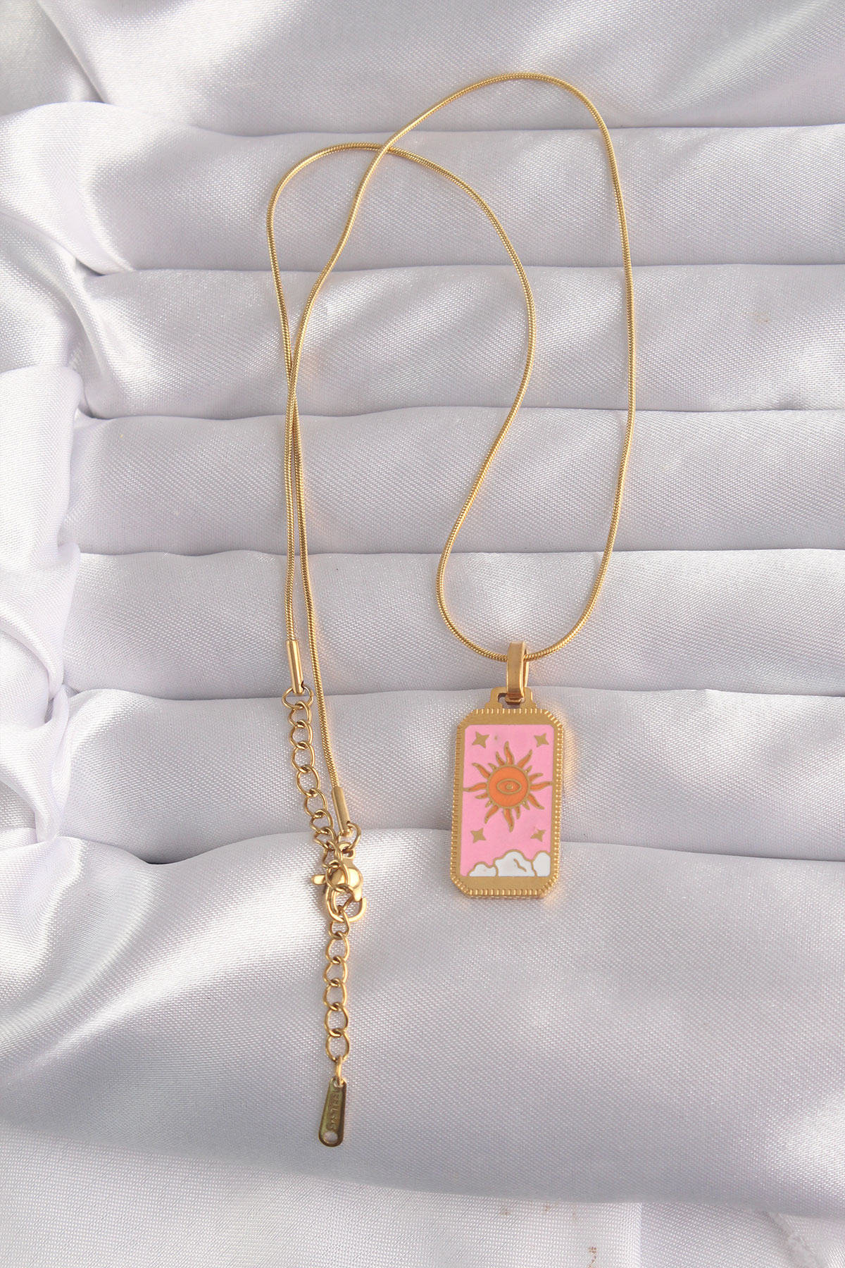 Çelik Gold Renk Pembe Mineli Güneş Model Tarot Kolye 2