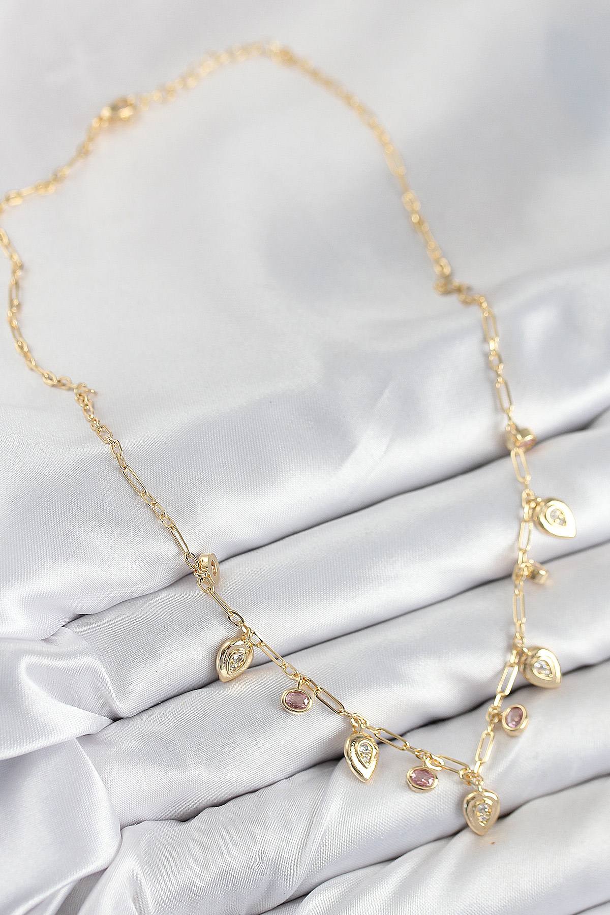 Pirinç Zirkon Taşlı Sallantılı Damla Model Gold Renk Kadın Kolye 2