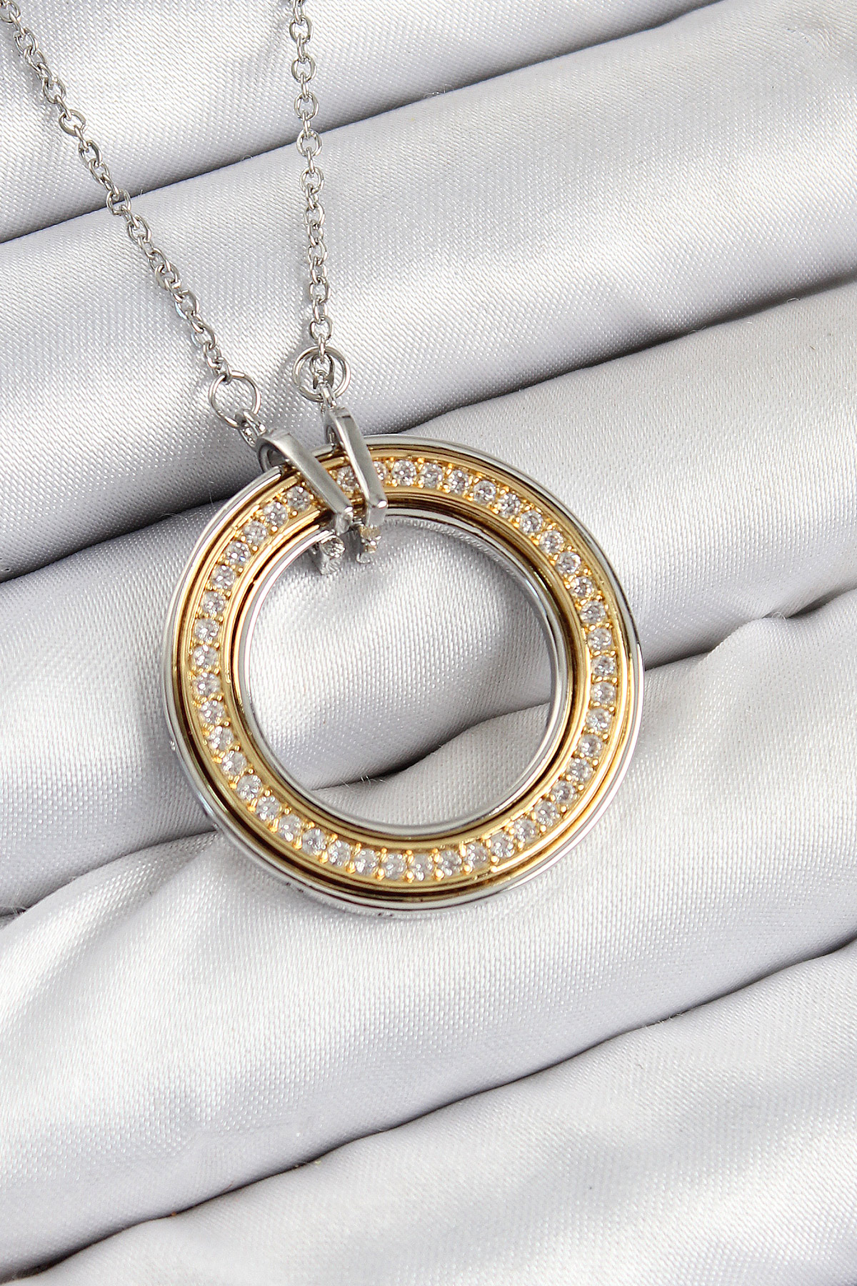 Çelik Zirkon Taşlı Dönen Daire Model Gold Ve Gümüş Renk Kadın Kolye