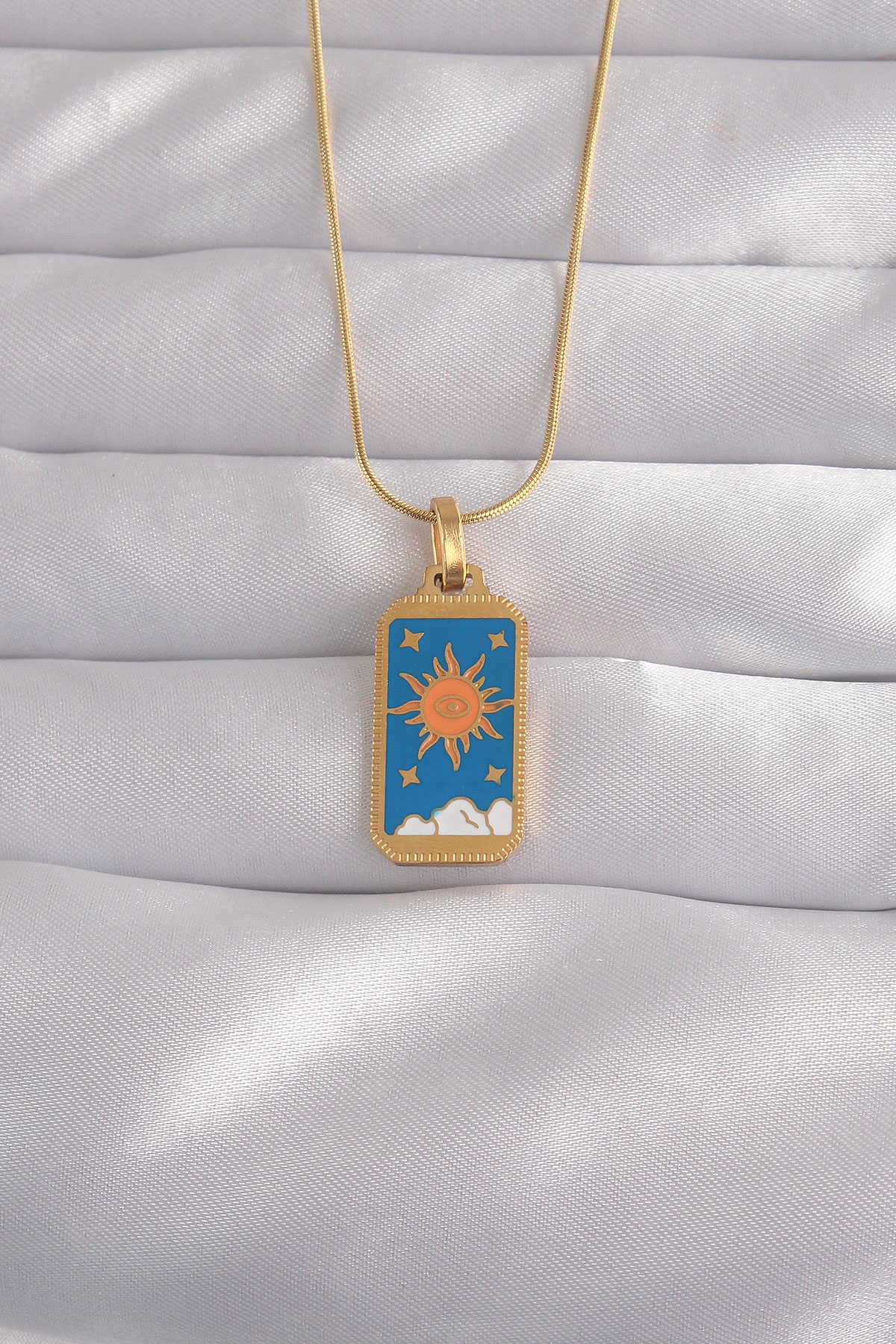 Çelik Gold Renk Mavi Mineli Güneş Model Tarot Kolye