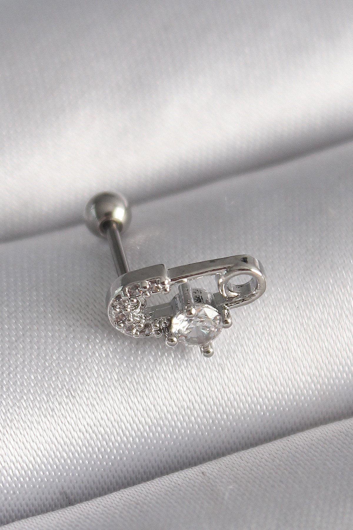 Çelik Gümüş Renk Zirkon Taşlı Toplu İğne Tragus Piercing