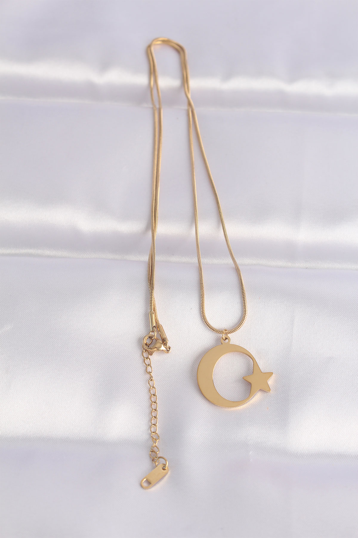 Çelik Zincir Gold Renk Ay Yıldız Unisex Kolye 1