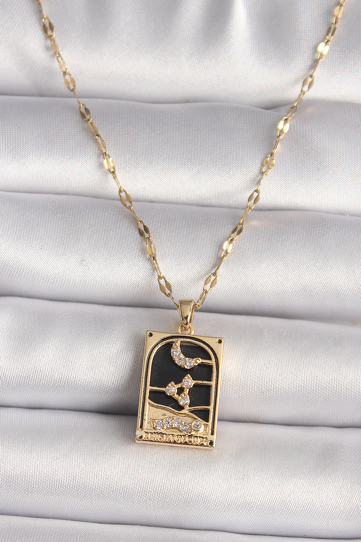 Çelik Gold Renk Zirkon Taşlı Ay Figürlü Tarot Model Kadın Kolye