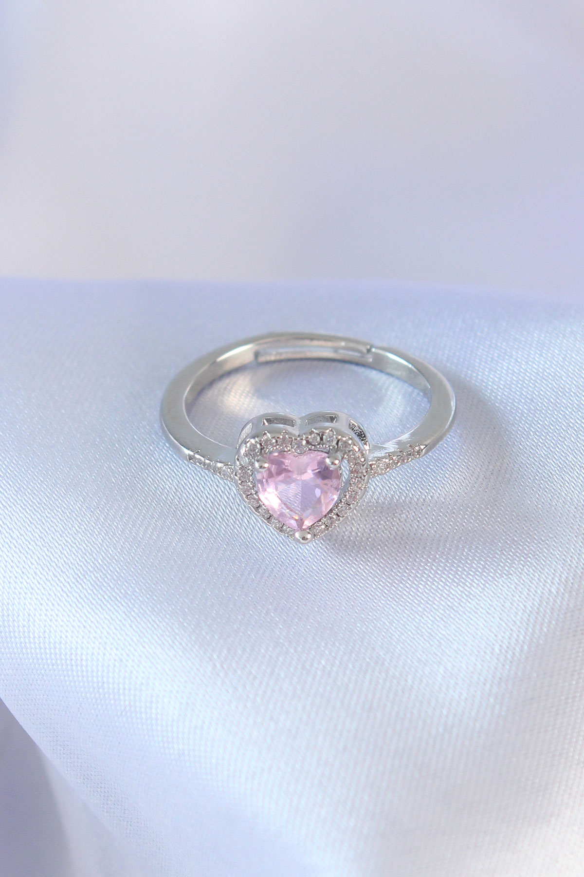 Gümüş Renk Pembe Zirkon Taşlı Kalp Charm Model Pirinç Kadın Yüzük 2