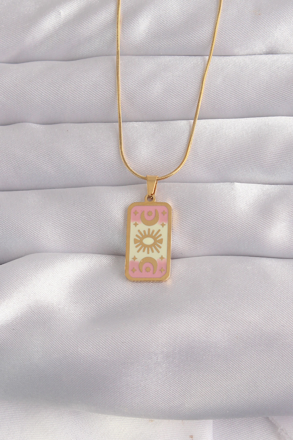 Çelik Gold Renk Karışık Mineli Ay Figür Tarot Kolye