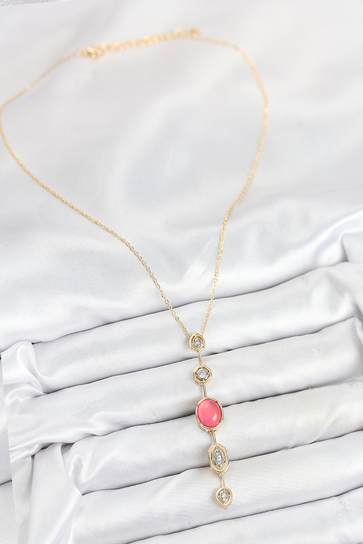 Pirinç Zincir Pembe Gold Renk Zirkon Taşlı Y Kolye 2