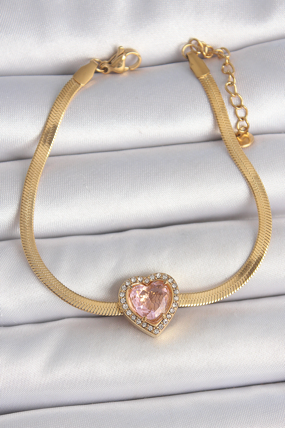 Çelik Gold Renk İtalyan Zincir Pembe Zirkon Taşlı Kalp Model Kadın Bileklik