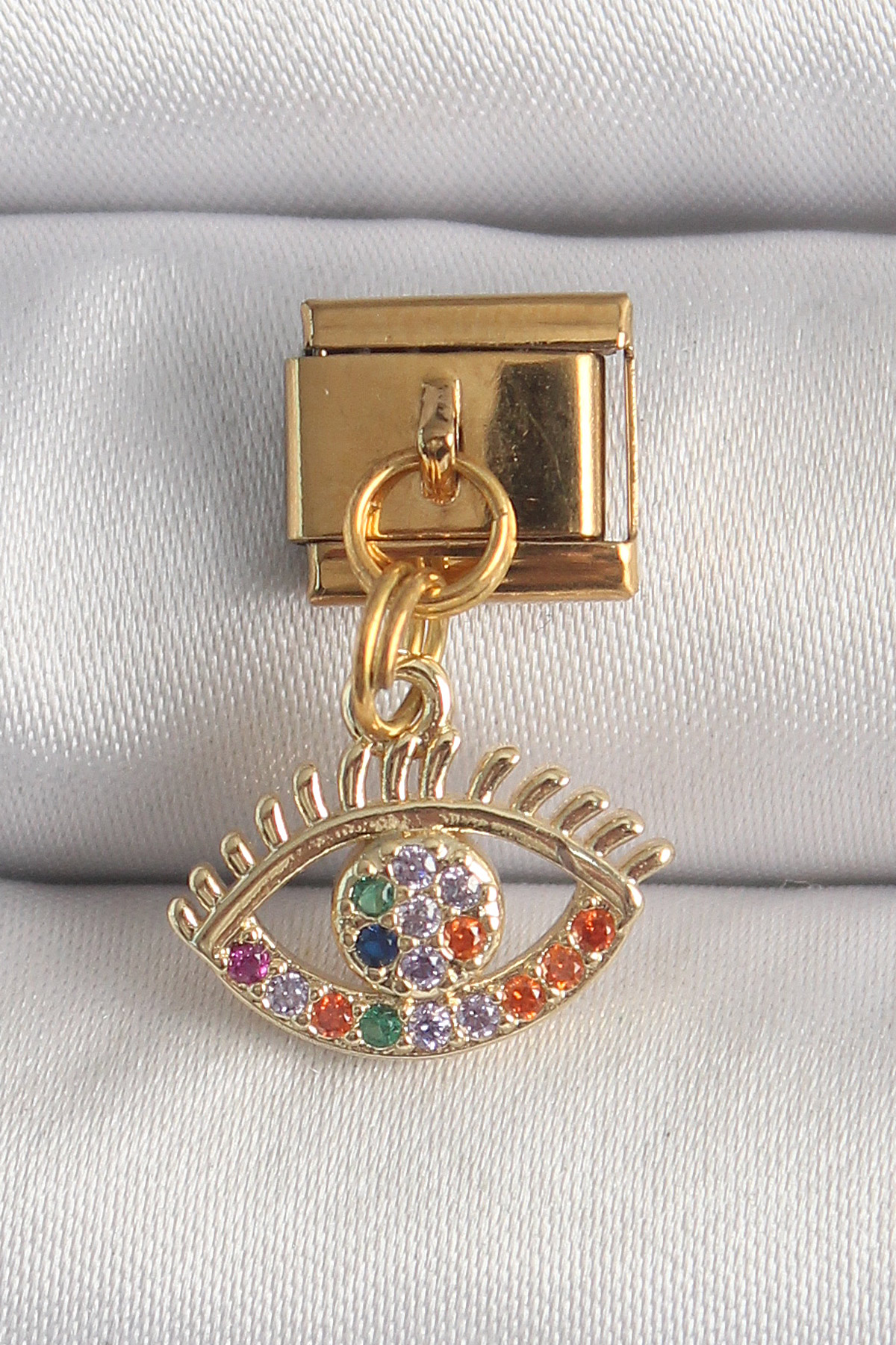 Çelik Gold Renk Sallantı Renkli Zirkon Taşlı Göz Model Nomination Charm