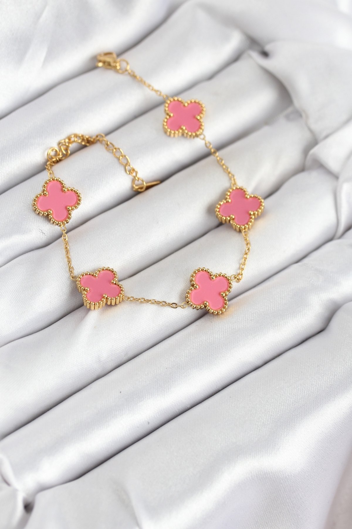 Çelik Gold Zincir Pembe Yonca Renk Bileklik 1