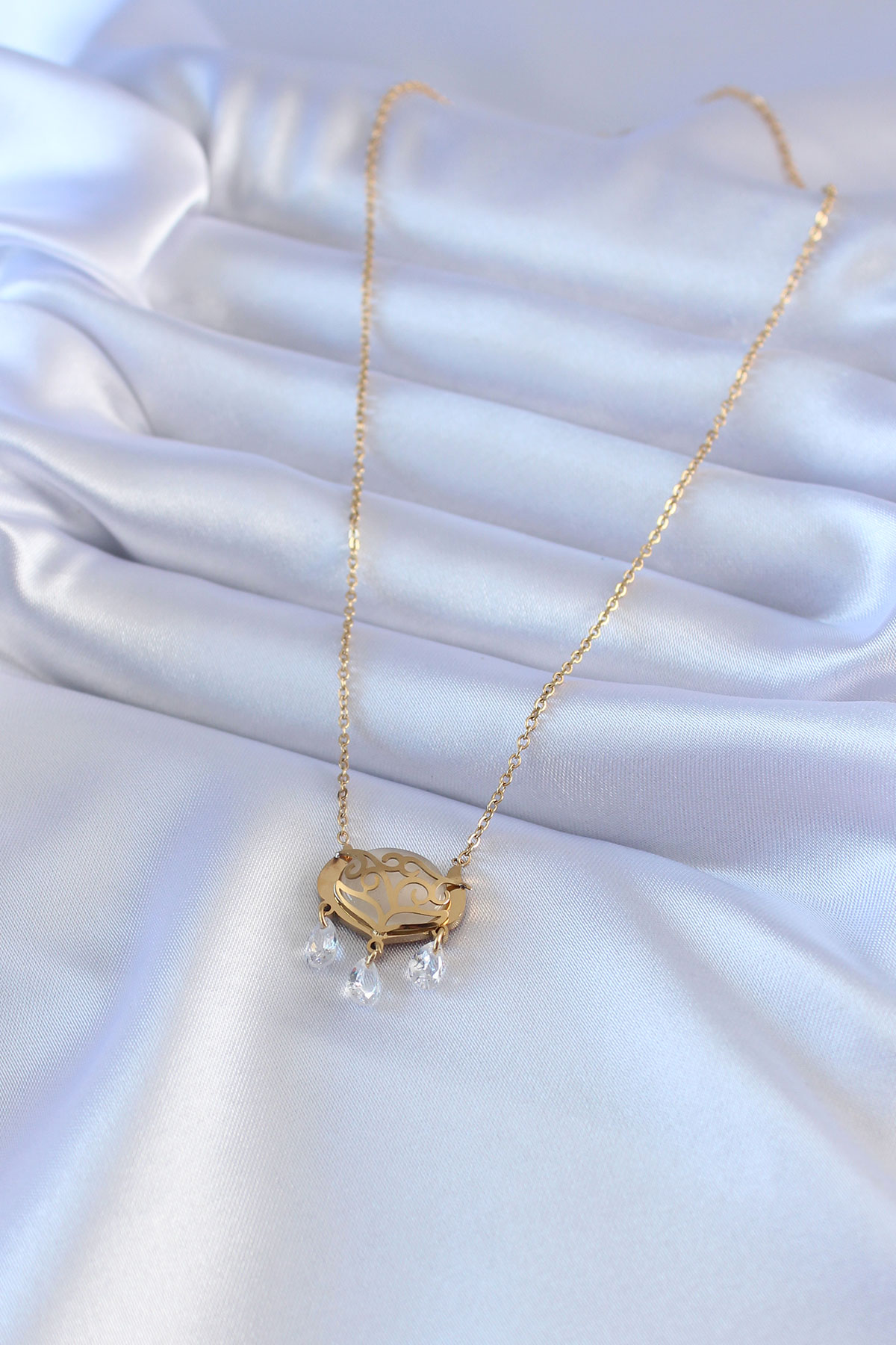Çelik Gold Renk Lotus Model Zirkon Taşlı Kadın Kolye 2