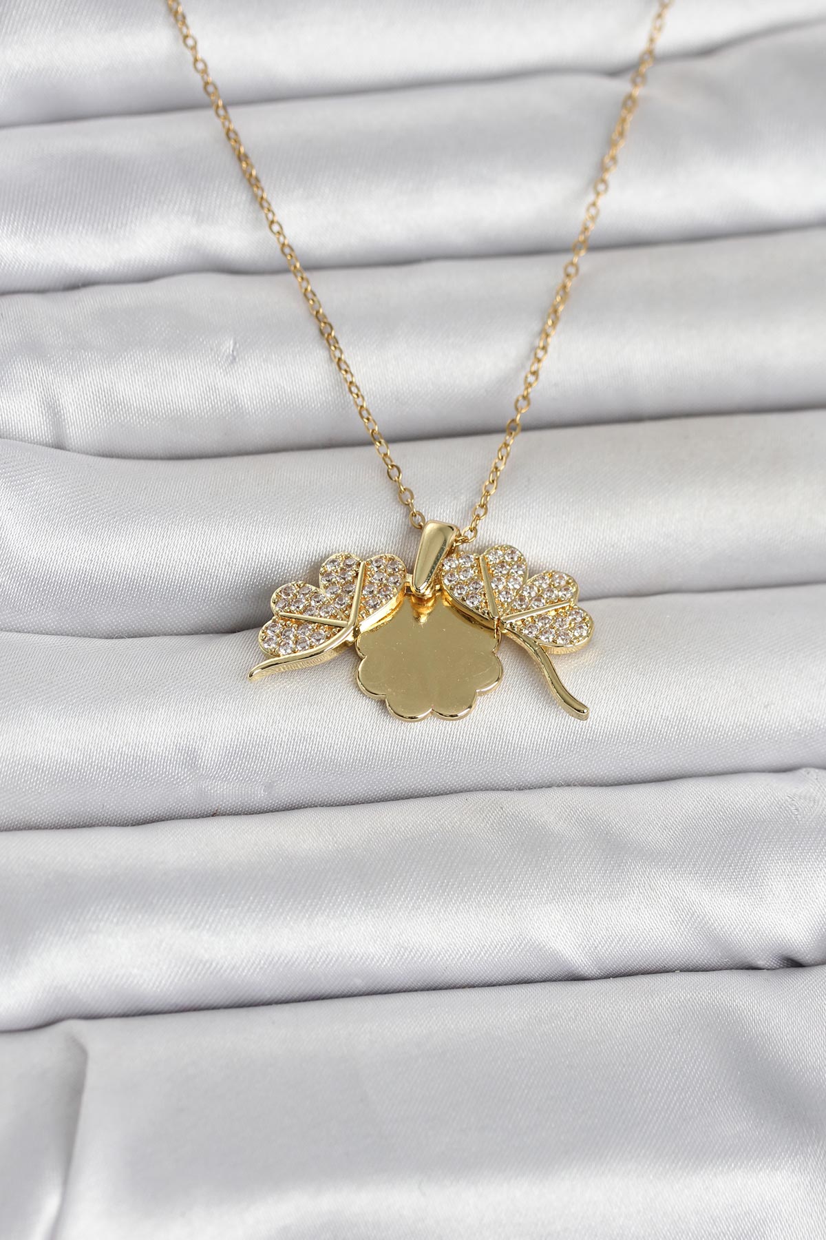 Çelik Gold Renk Açılabilir Yonca Model Zirkon Taşlı Kadın Kolye 2